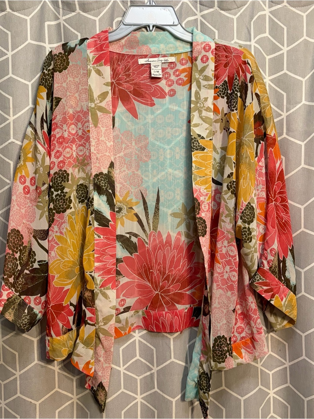 American Rag Floral Open-Front Kimono Jacket in Coral, Yellow & Aqua